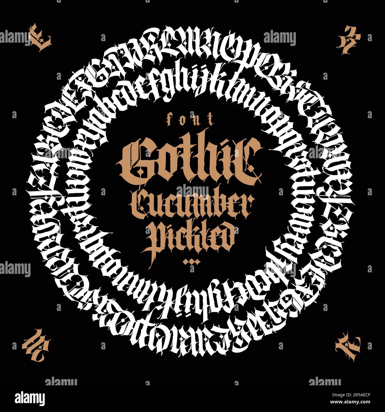 Gotico. Vettore. Lettere maiuscole su sfondo scuro. Calligrafia bella ed elegante. Elegante carattere europeo per tatuaggio e design. Medievale G. Illustrazione Vettoriale