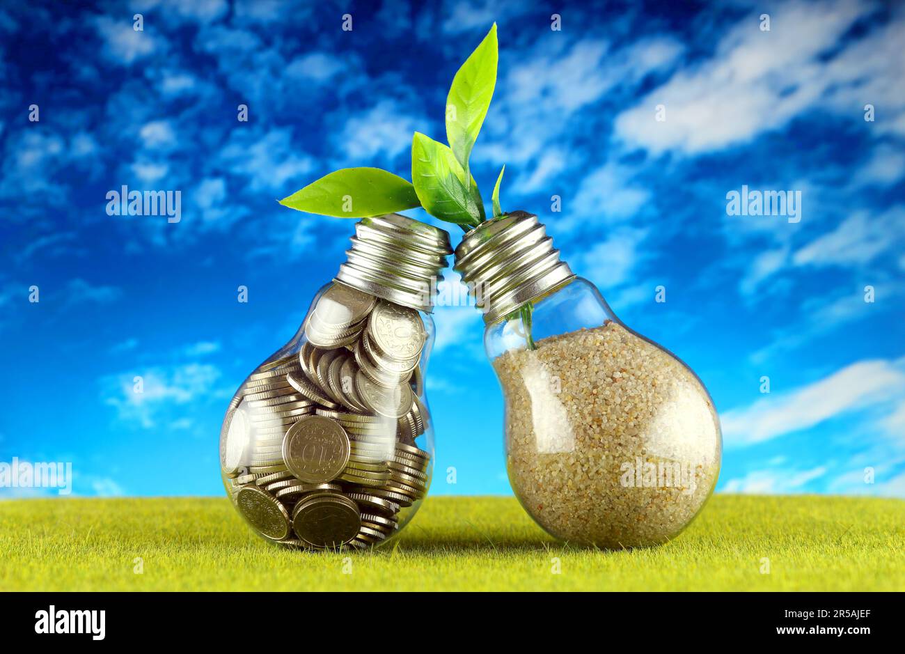 Monete all'interno del bulbo luminoso sull'erba e pianta che cresce all'interno del bulbo luminoso con sfondo blu cielo. Eco-verde energia rinnovabile concetto. Elettri Foto Stock