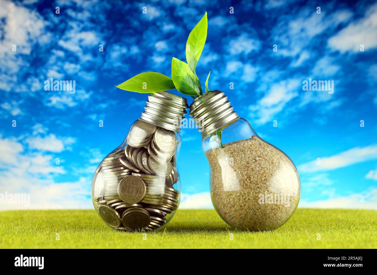 Monete all'interno del bulbo luminoso sull'erba e pianta che cresce all'interno del bulbo luminoso con sfondo blu cielo. Eco-verde energia rinnovabile concetto. Elettri Foto Stock