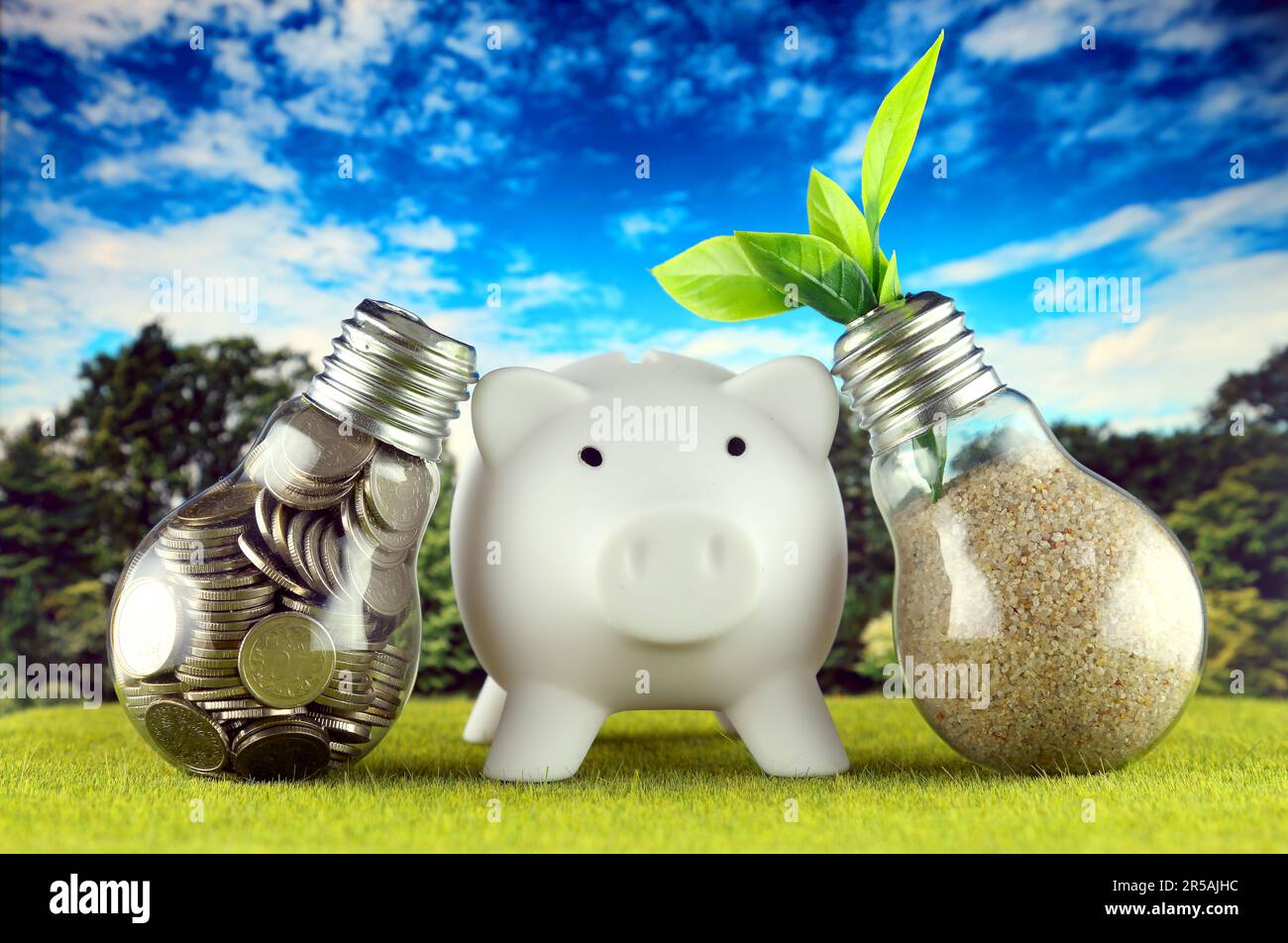 Monete all'interno della lampadina, pianta che cresce all'interno della lampadina e piggy bank. Eco-verde energia rinnovabile concetto. Prezzi dell'elettricità, risparmio energetico Foto Stock
