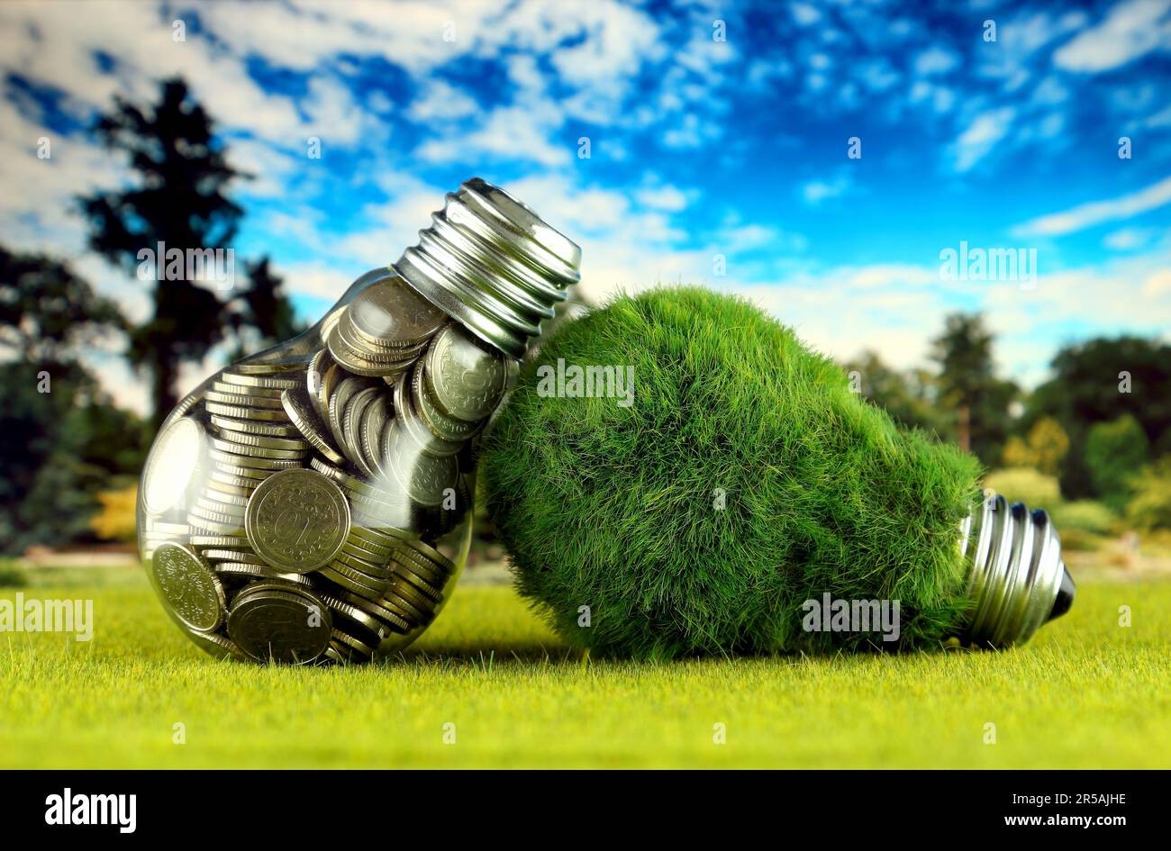 Monete all'interno della lampadina e lampadina verde eco con erba. Concetto di energia rinnovabile. I prezzi dell'elettricità, il risparmio energetico in famiglia. Foto Stock