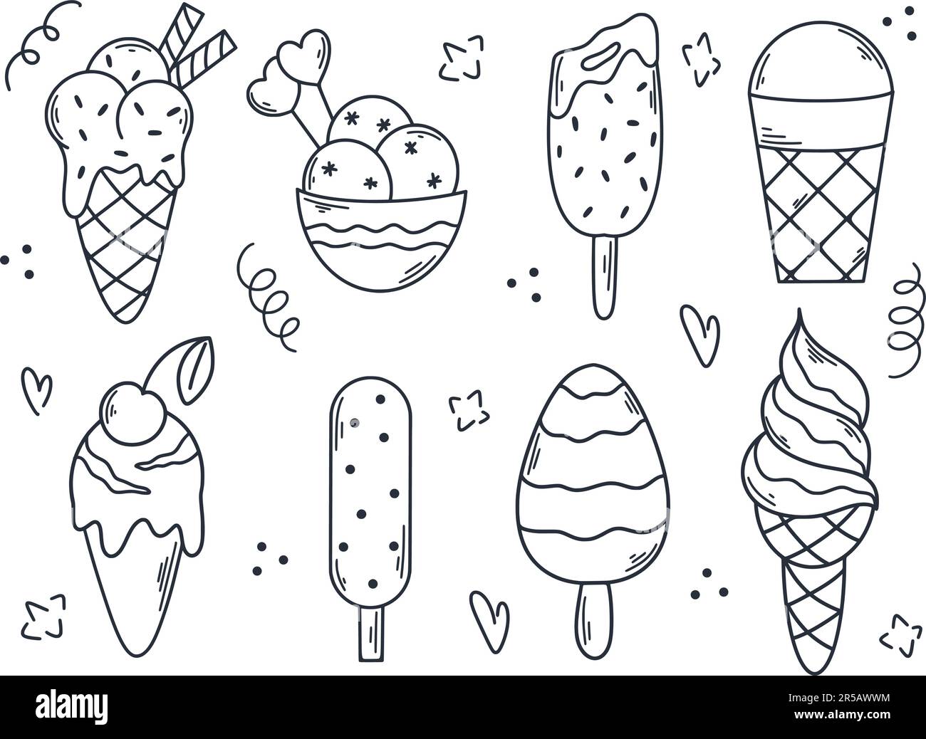 Set di gelati di diversi tipi disegnati a mano. Iecream cono, papsiclo, sundae, palline di ciotola, ghiaccio lolly, collezione dessert al cioccolato. Barbetta di inchiostro del icecream Illustrazione Vettoriale