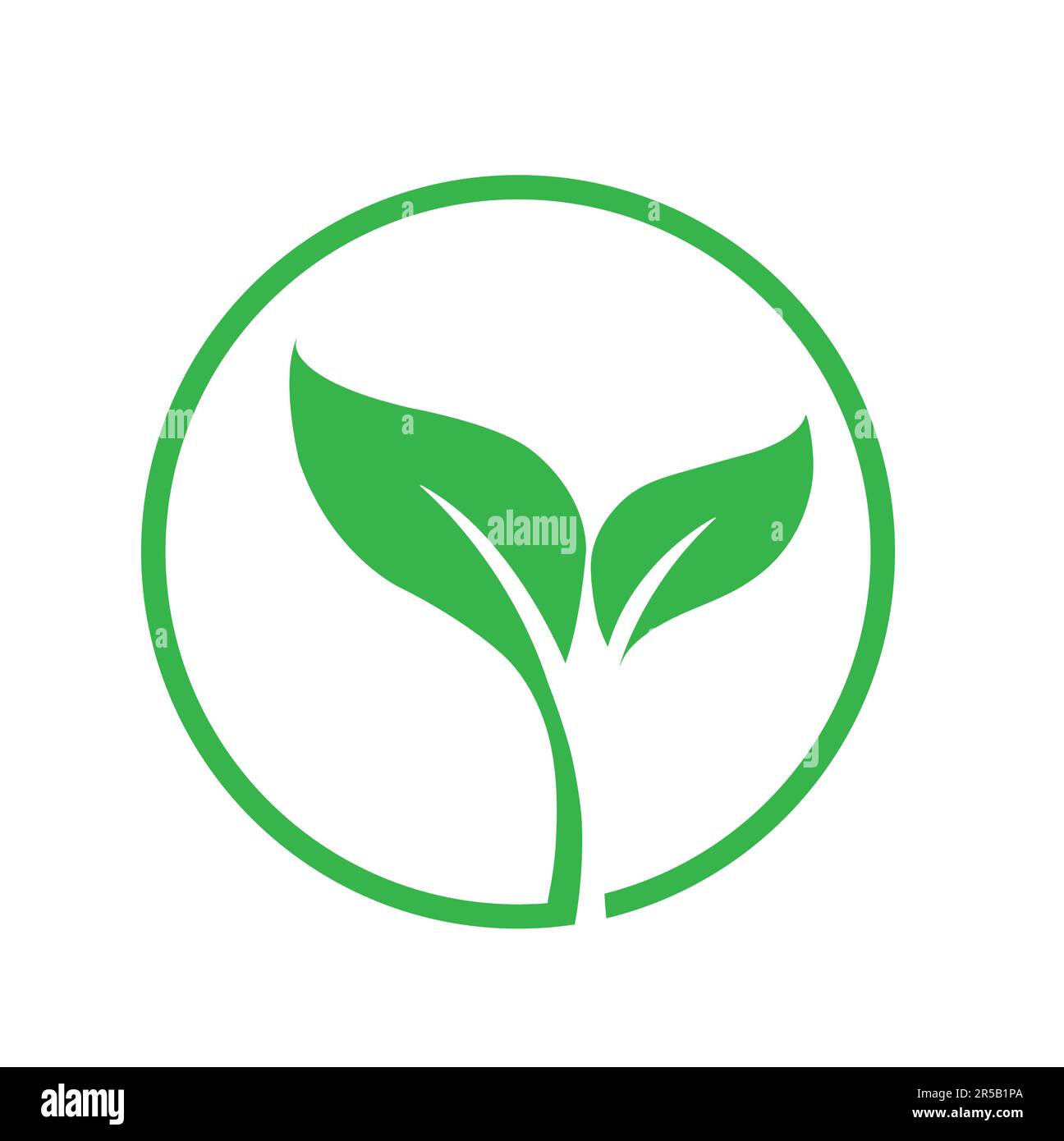 Logo ecologico verde con due foglie su sfondo bianco con spazio copia Illustrazione Vettoriale