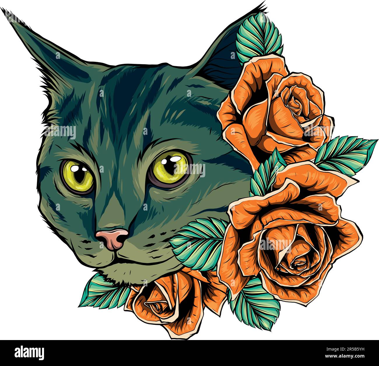 illustrazione vettoriale della testa di gatto con rose Illustrazione Vettoriale