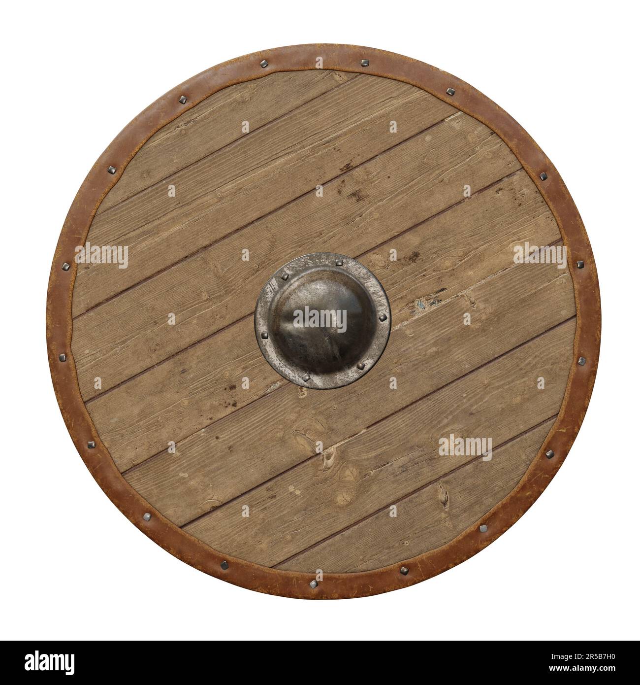 Scudo medievale rotondo in legno. Rendering 3D. Isolato su sfondo bianco Foto Stock