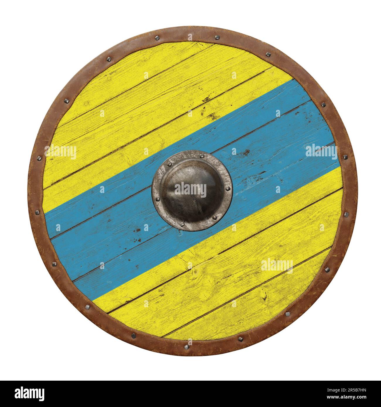 Scudo medievale rotondo in legno. Rendering 3D. Isolato su sfondo bianco Foto Stock