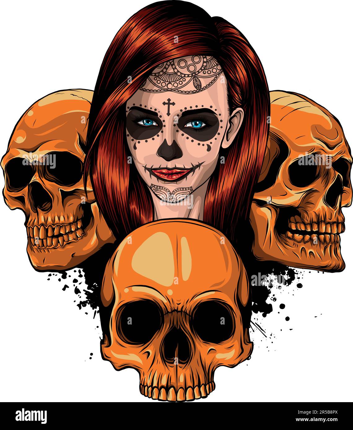 Illustrazione vettoriale di ragazza morta con teschi. Illustrazione Vettoriale