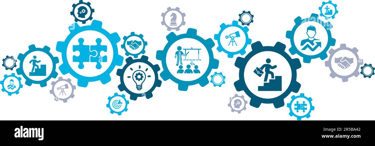 Illustrazione del vettore di leadership. Banner con icone relative alla gestione aziendale, al supporto dei dipendenti / del personale e al leader della guida, capo Illustrazione Vettoriale