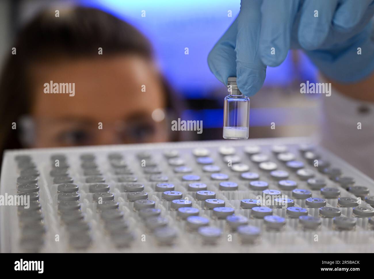 PRODUZIONE - 23 maggio 2023, Hesse, Darmstadt: Tecnico di laboratorio di biologia Julia Volk esamina un campione liofilizzato in un laboratorio presso Merck KGaA, il gruppo farmaceutico e tecnologico di Darmstadt. Il Early Formulation Screening Service nel settore delle scienze biologiche di Merck fornisce ai produttori di vaccini e prodotti terapeutici nanoparticelle lipidiche personalizzate per applicazioni efficaci di mRNA. Foto: Arne Dedert/dpa Foto Stock