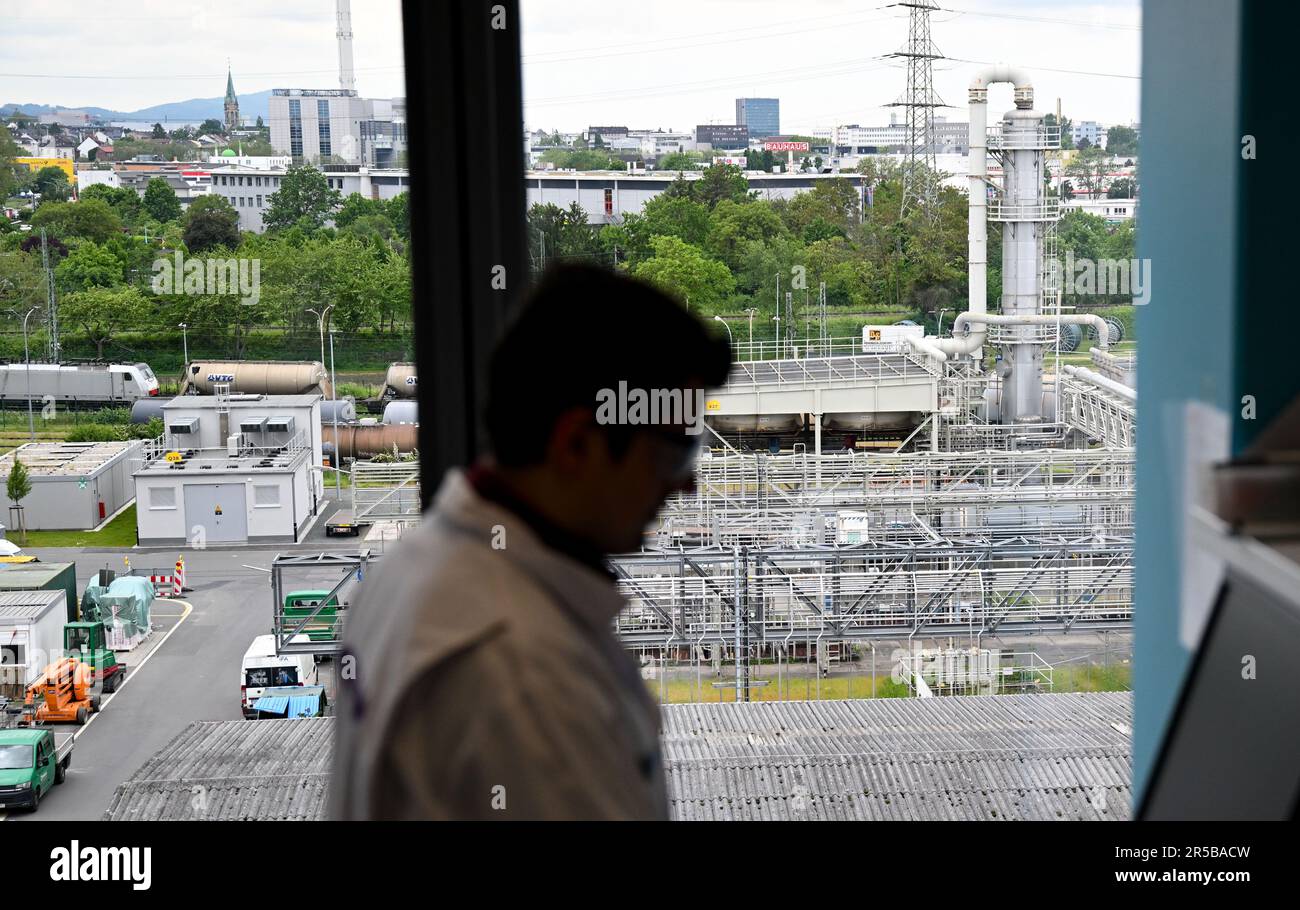 PRODUZIONE - 23 maggio 2023, Hesse, Darmstadt: Il tecnico di laboratorio chimico Stefan Gemessy si trova in una finestra che si affaccia su parti dello stabilimento in un laboratorio del gruppo farmaceutico e tecnologico Merck KGaA, con sede a Darmstadt. Il laboratorio di controllo qualità per solventi ad alta purezza nel settore Life Science di Merck verifica la qualità dei solventi da utilizzare nei laboratori di ricerca o nell'industria farmaceutica. Foto: Arne Dedert/dpa Foto Stock