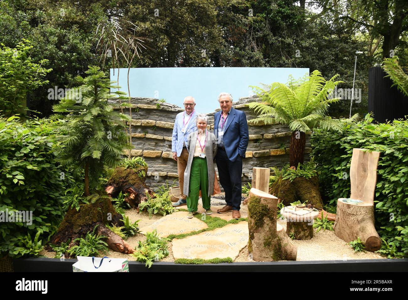 Jim Broadbent, Jim carter e Inelda Staunton al RHS Chelsea Flower Show, sul Sandhurst Garden progettato "The Mary Anning Space to Learn Garden". Foto Stock