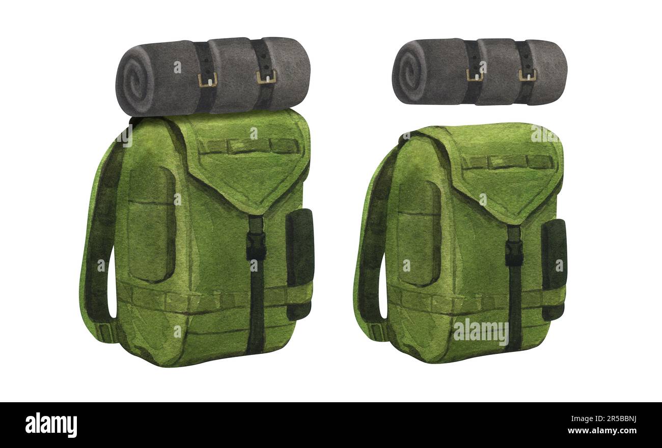 Acquerello due zaino verde campeggio turistico in viaggio all'aperto. Illustrazione disegnata a mano isolata su sfondo bianco. Perfetto per viaggi e viaggi Foto Stock