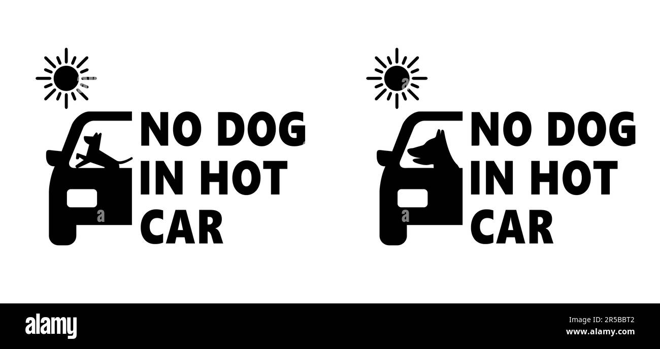 Attenzione Nessun cane all'interno di un'auto calda o parcheggio al sole segnali meteo Stop stop ammessi pittogramma icona cani vettoriali o animali simbolo attenzione animale domestico o anima Foto Stock