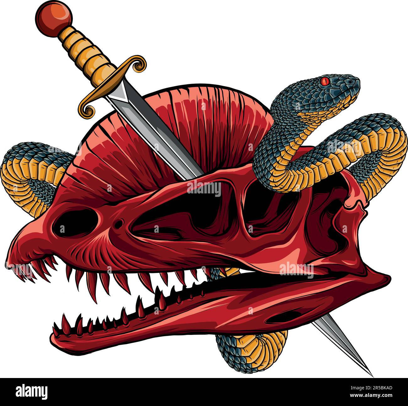 illustrazione vettoriale del cranio di dinosauro con serpente intorno Illustrazione Vettoriale