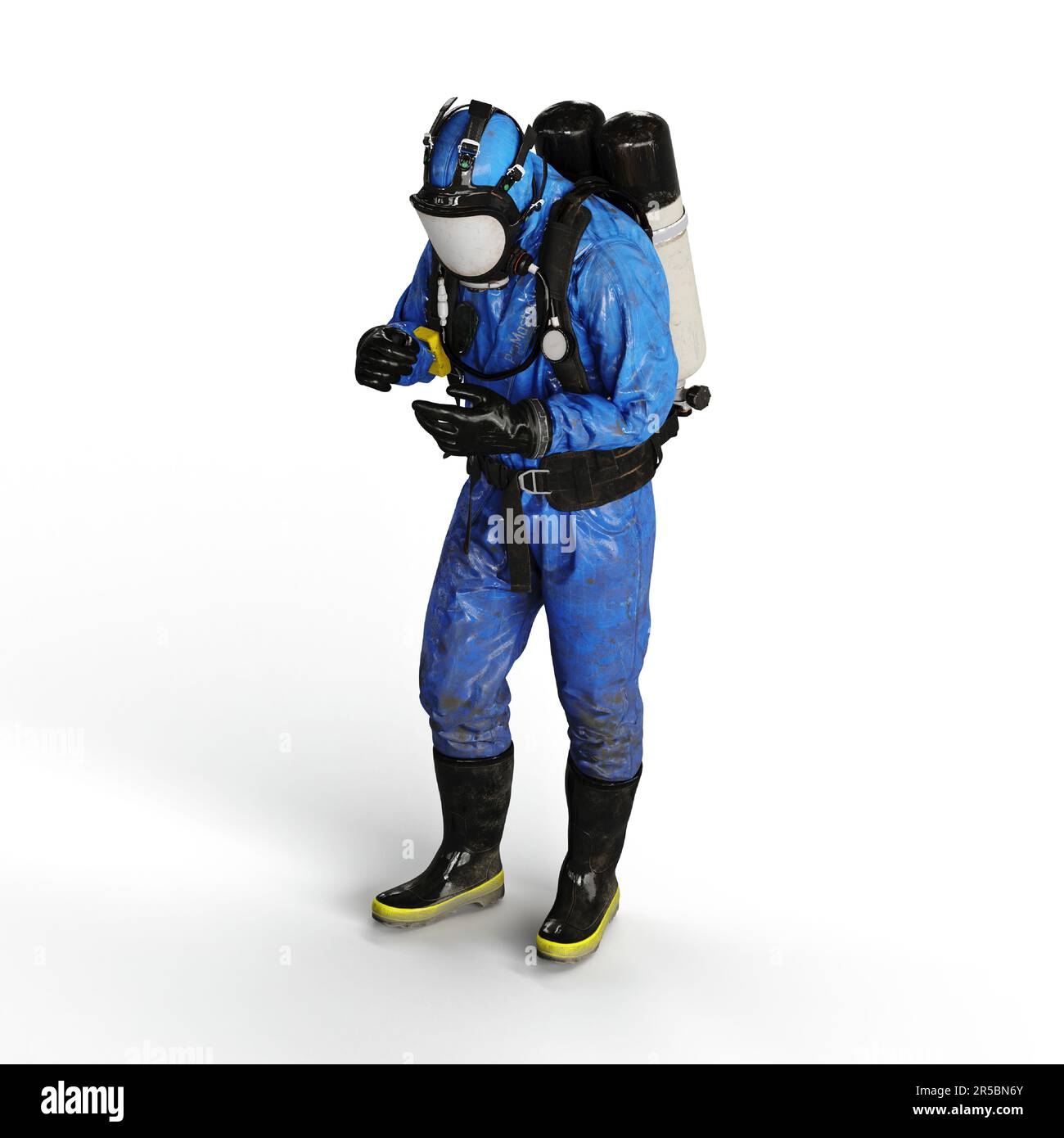 Immagine 3D di una persona che indossa una tuta di protezione blu in zerbino mentre è in piedi su uno sfondo bianco Foto Stock