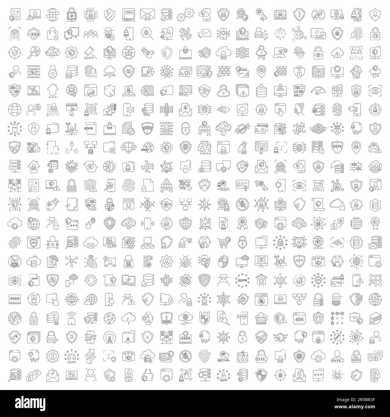 Grande set di 400 icone di linea relative a sicurezza informatica, digitale e Internet, protezione, informazioni. Segnali isolati per dispositivi mobili, web. Alta qualità Illustrazione Vettoriale