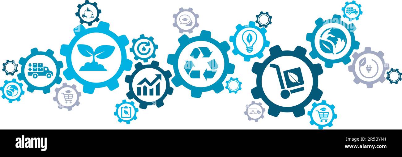 banner illustrativo ecologico per prodotti e imballaggi. Concetto verde con icone relative allo shopping o all'e-commerce rispettosi dell'ambiente Illustrazione Vettoriale