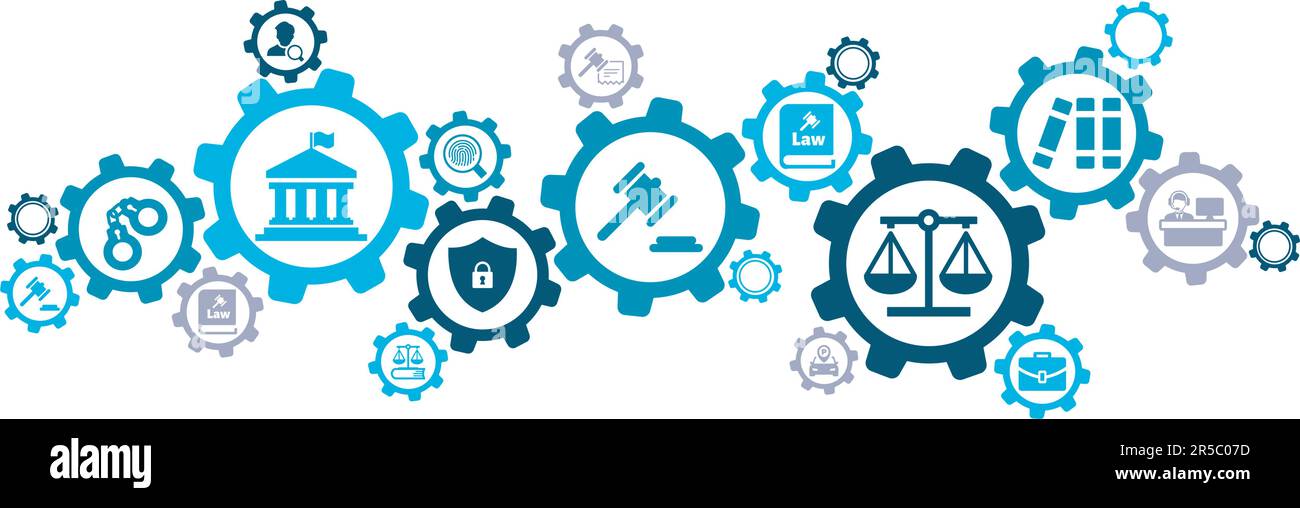 diritto, legale, giustizia icone concetto – vettore illustrazione banner con l'icona del libro di legge, ordine, protezione e tribunale Illustrazione Vettoriale