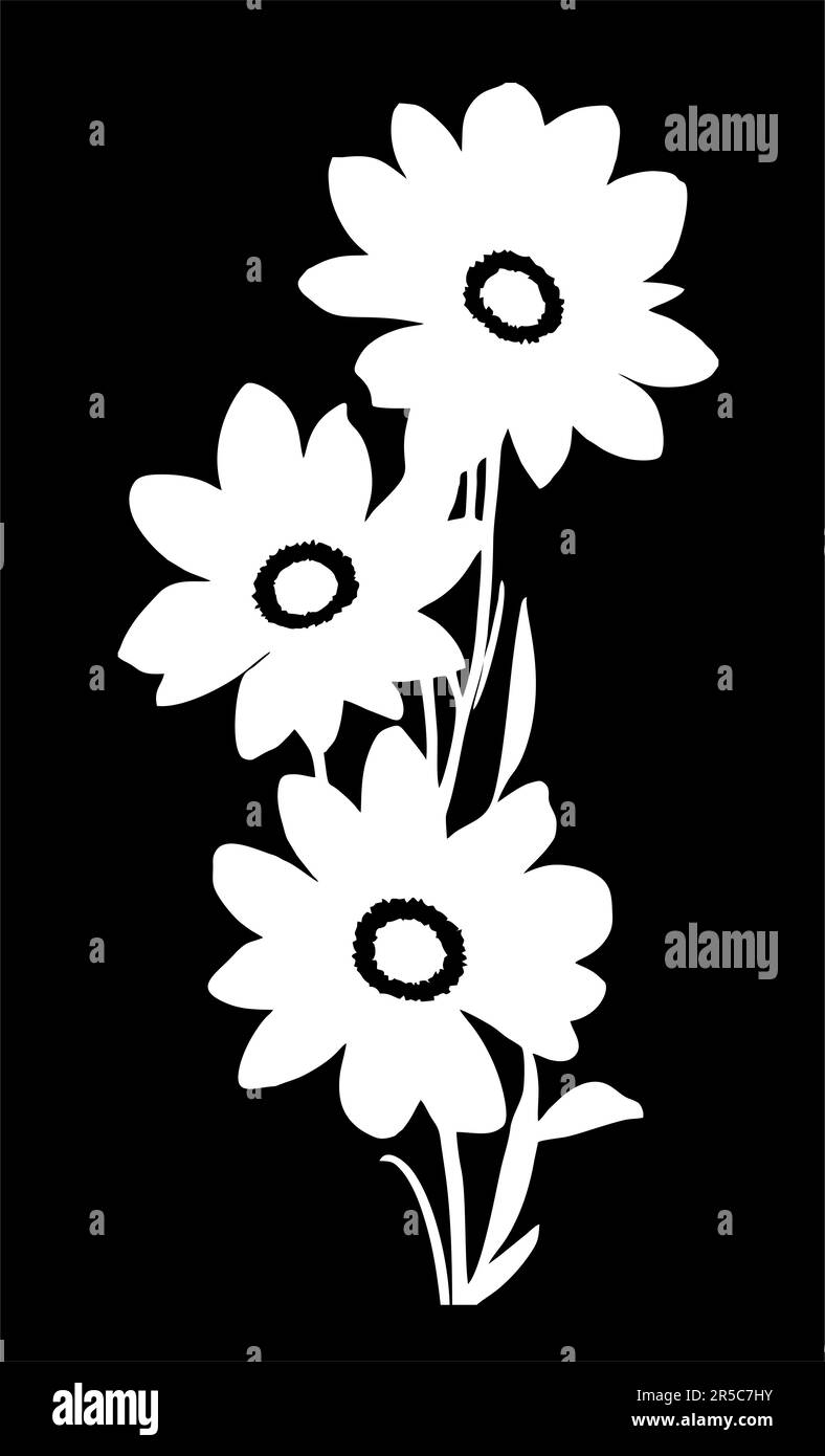 disegno grafico bianco di contorno di un bouquet di fiori su sfondo nero, disegno Foto Stock