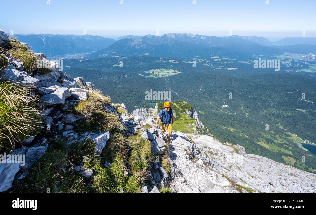 Arrampicatori sulle montagne Obere Wettersteinspitze, Wetterstein, Alpi Bavaresi, Baviera, Germania Foto Stock