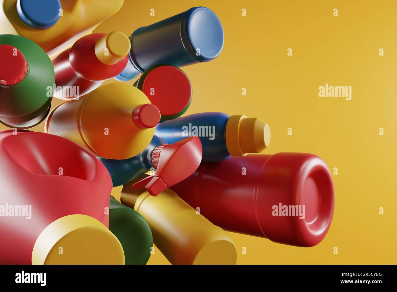 Mazzo di bottiglie di plastica colorate su sfondo giallo brillante. Illustrazione del concetto di inquinamento delle bottiglie d'acqua in plastica Foto Stock