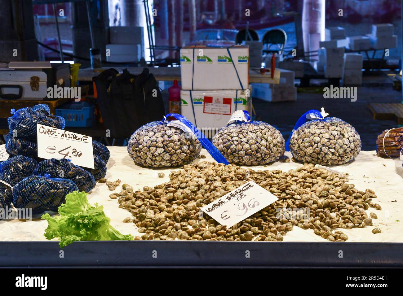 Uno stand del mercato del pesce di Rialto con vongole e cozze fresche, quartiere di San Polo, Venezia, Veneto, Italia Foto Stock