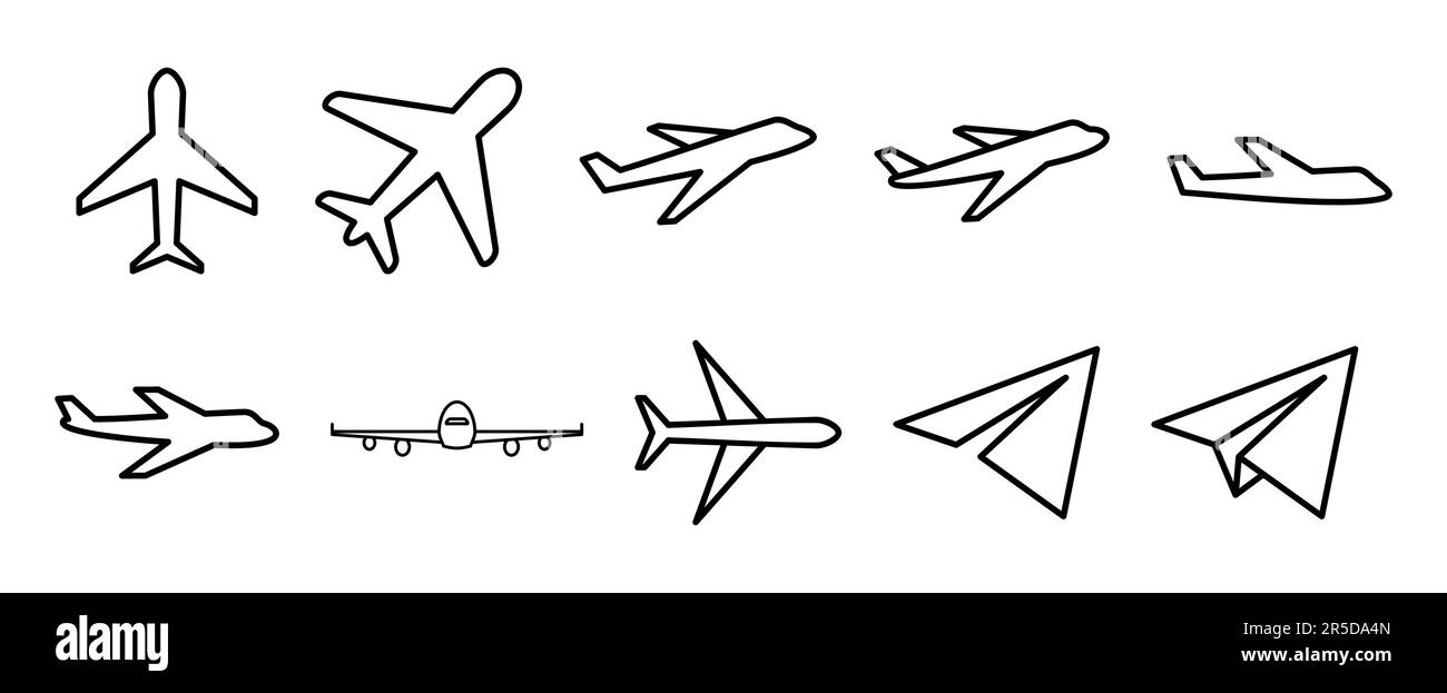 Set di icone del piano. Vettore icona aeroplano. Simbolo del trasporto aereo. Illustrazione di viaggio. Simbolo di vacanza Illustrazione Vettoriale