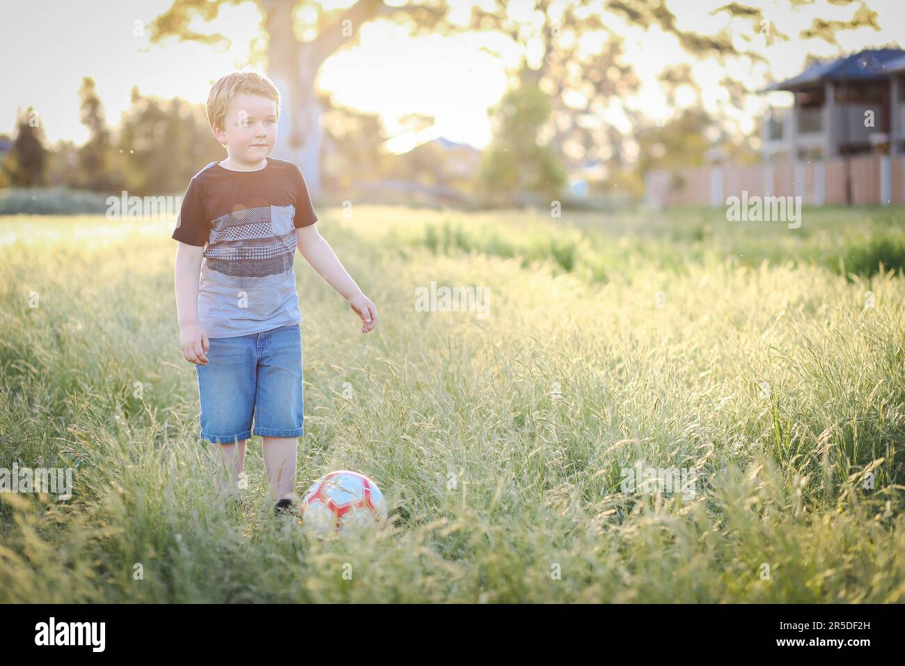 ragazzo di 6 anni che gioca a calcio in erba lunga al parco. Divertimento all'aperto nella natura, Foto Stock