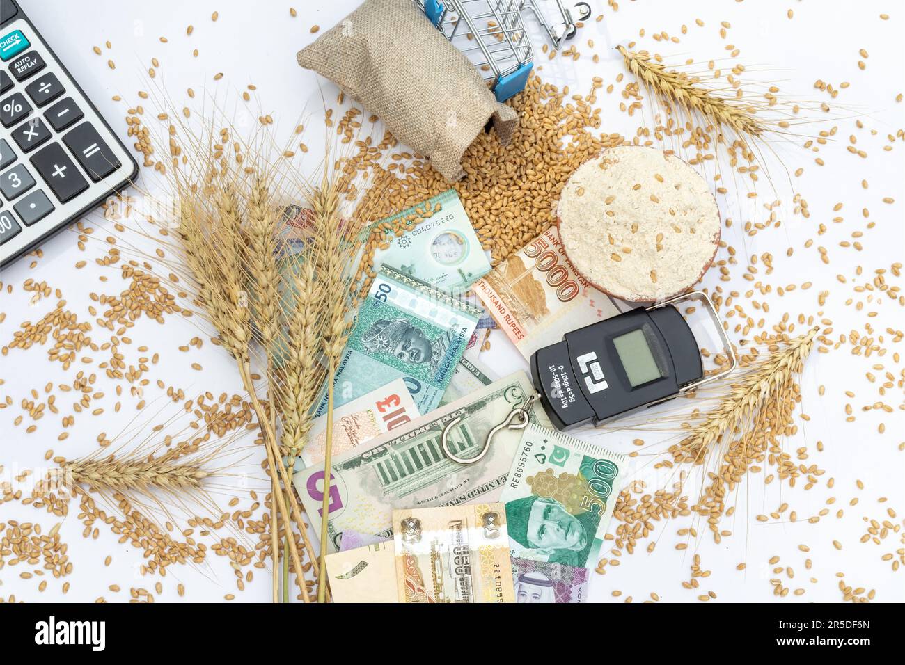 Farina di grano e grano in un sacchetto marrone con monete mix mondo banconote piatto giaceva. Concetto globale di importazione ed esportazione del commercio del grano. Foto Stock