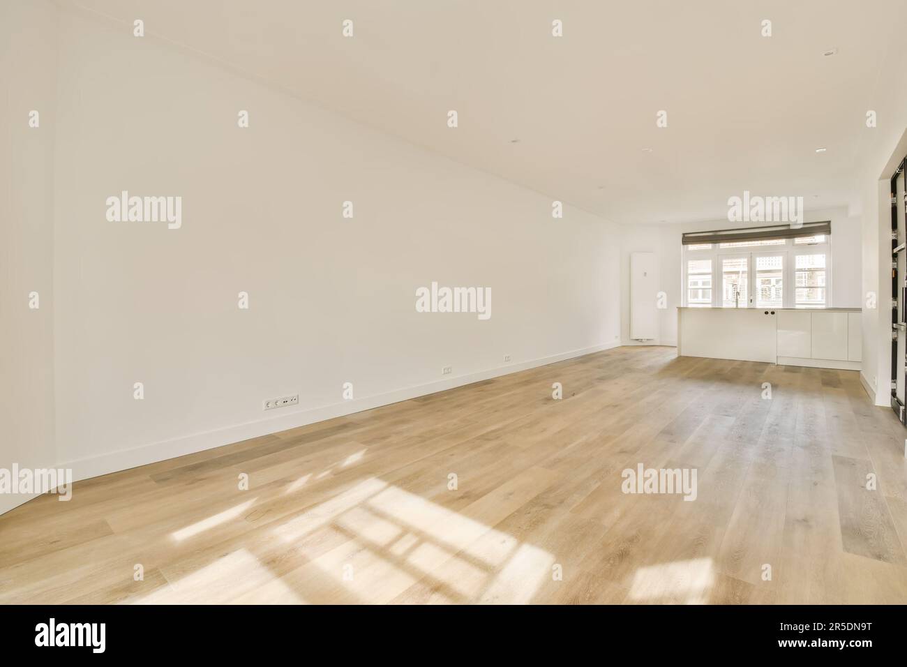un soggiorno vuoto con pavimento in legno e grandi finestre in camera è pareti bianche, pavimenti in legno chiaro Foto Stock