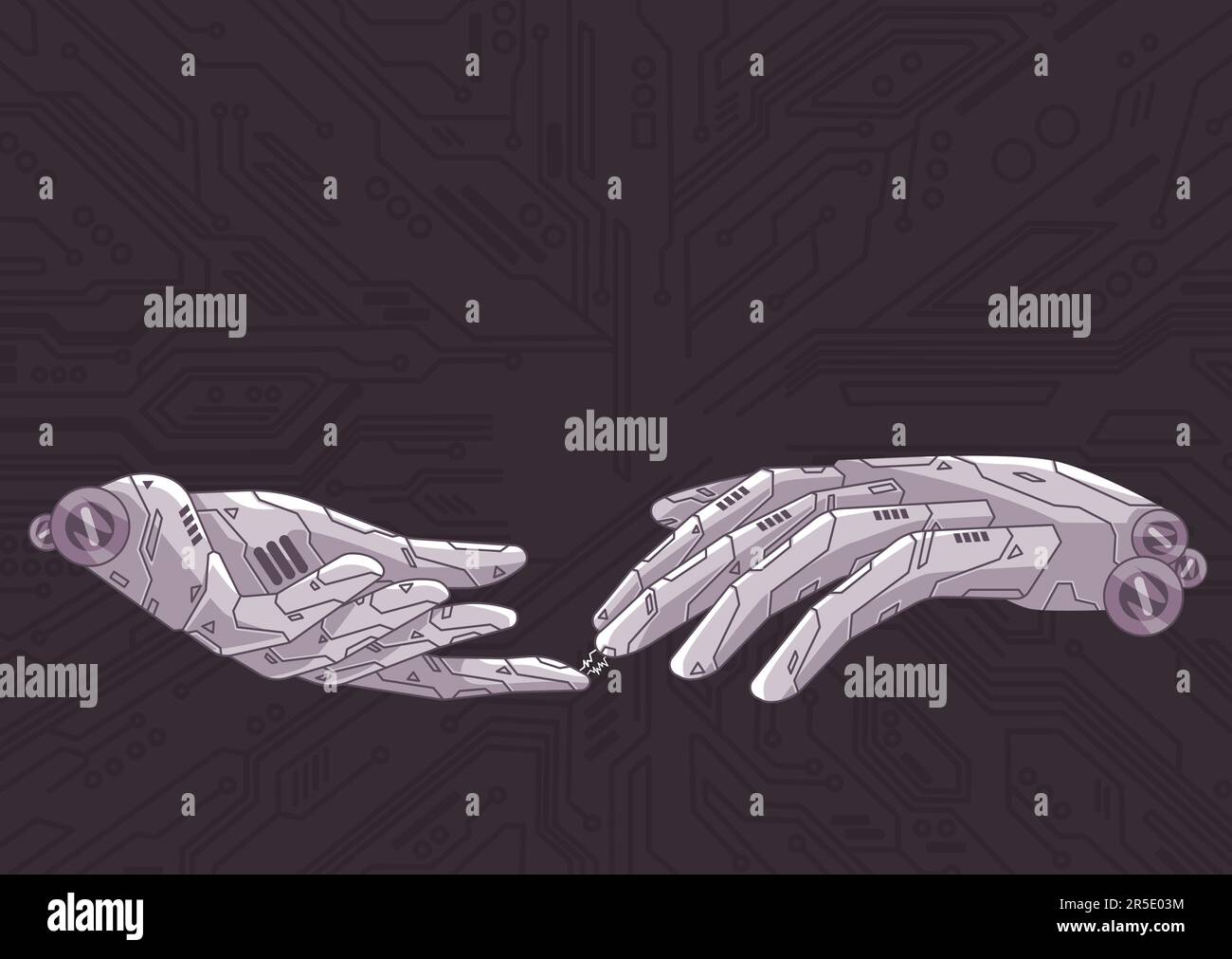 Mano robot toccare l'altro dito artificiale tecnologia intelligenza artificiale futuristico automazione rete macchine futuro umano Illustrazione Vettoriale