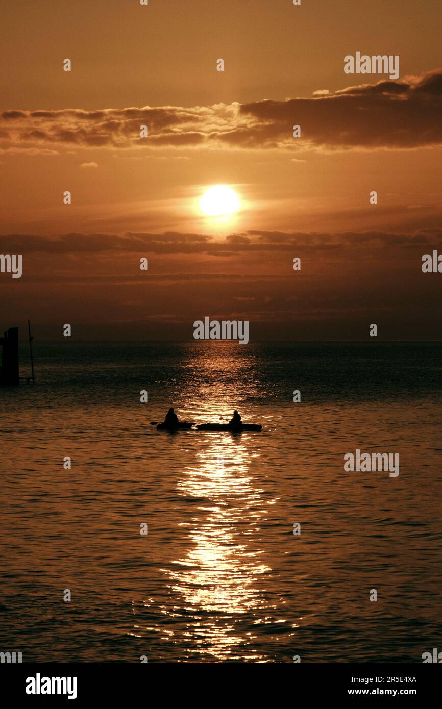 Silhouette dei paddle board all'alba. Foto Stock