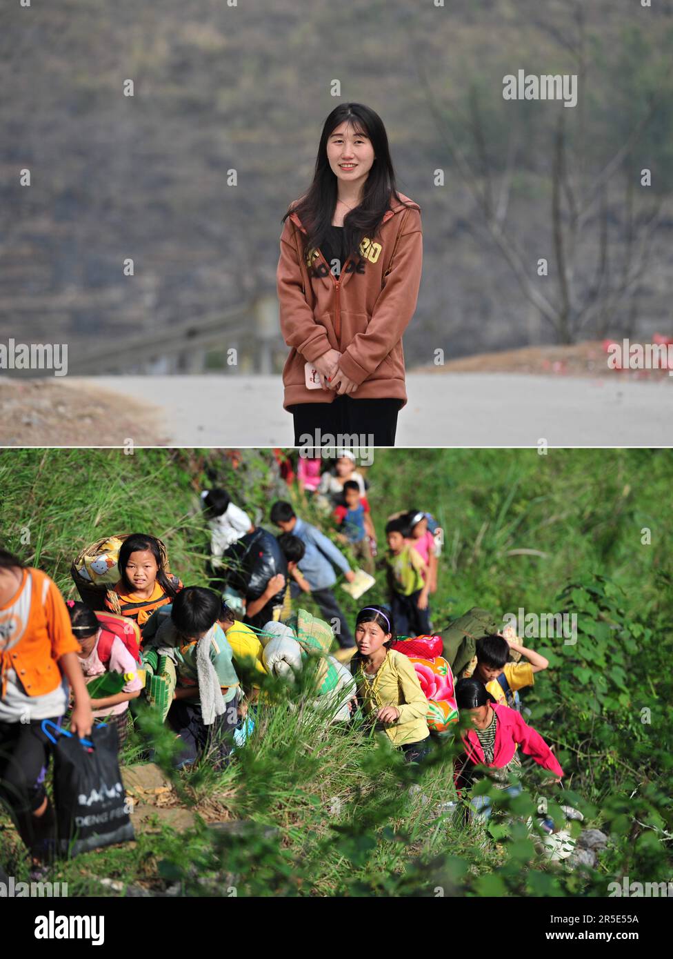 Nanning. 4th luglio, 2012. Questa foto combinata mostra LAN Qiuyan, che si è appena laureata in un college, in posa per una foto quando torna a casa per il Festival di primavera il 21 gennaio 2023 (sopra) e LAN Qiuyan di 11 anni in una casa a piedi in cima gialla su una strada di montagna dalla scuola il 4 luglio, 2012 (sotto) nel Villaggio di Nongyong della Contea Autonoma di Dhua Yao, Regione Autonoma di Guangxi Zhuang della Cina del Sud. PER ANDARE CON 'caratteristica: I bambini nelle foto testimoniano i cambiamenti nel villaggio montano della Cina' Credit: Huang Xiaobang/Xinhua/Alamy Live News Foto Stock
