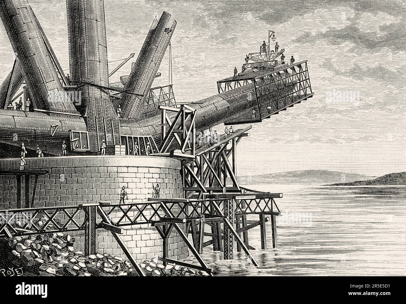 Costruzione del Forth Bridge, un ponte ferroviario a sbalzo attraverso il Firth of Forth nella parte orientale della Scozia, 15 aprile 1887. Antica incisione del 19th ° secolo da la Nature 1887 Foto Stock