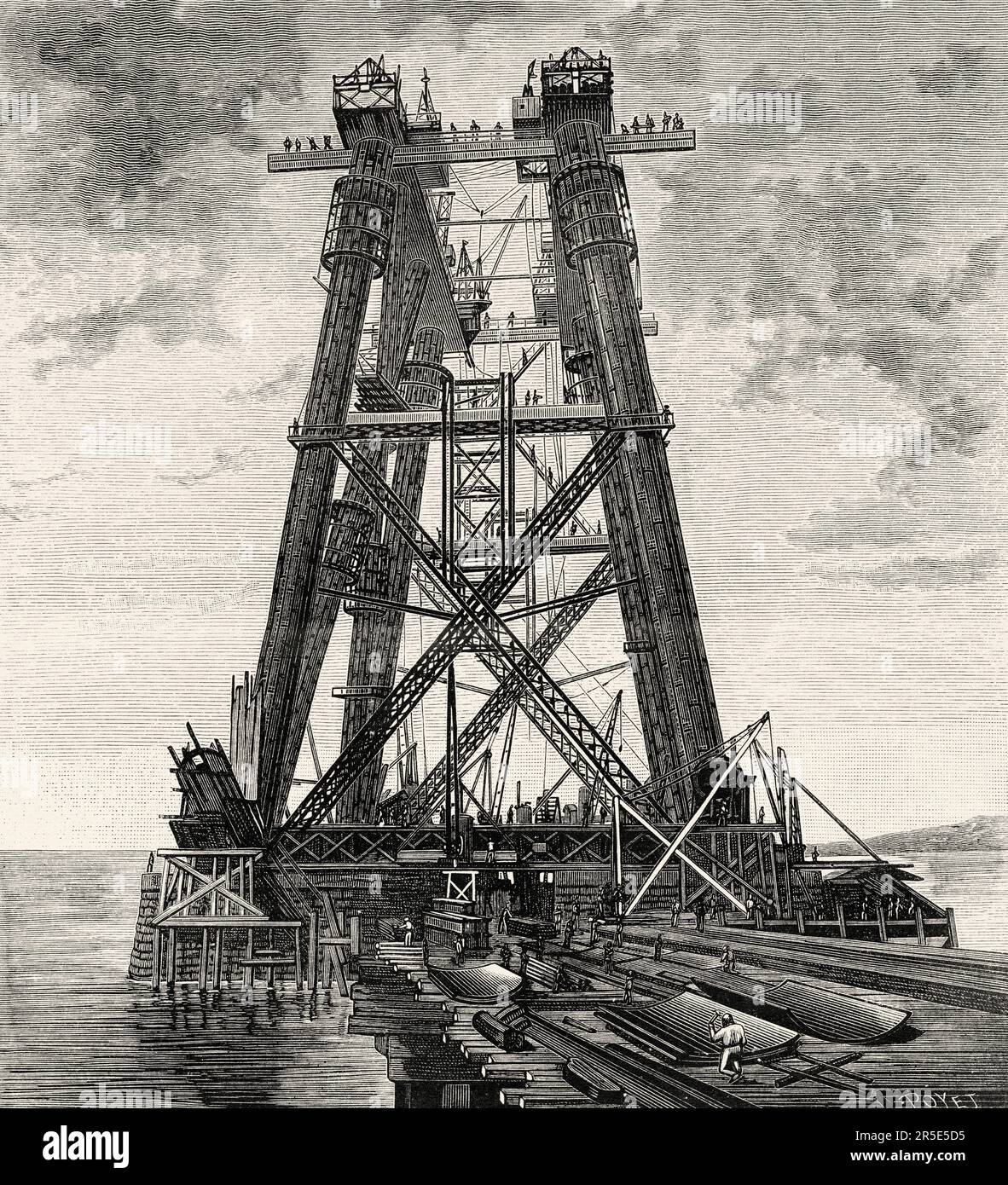 Costruzione del Forth Bridge, un ponte ferroviario a sbalzo attraverso il Firth of Forth nella parte orientale della Scozia, 7 marzo 1887. Antica incisione del 19th ° secolo da la Nature 1887 Foto Stock