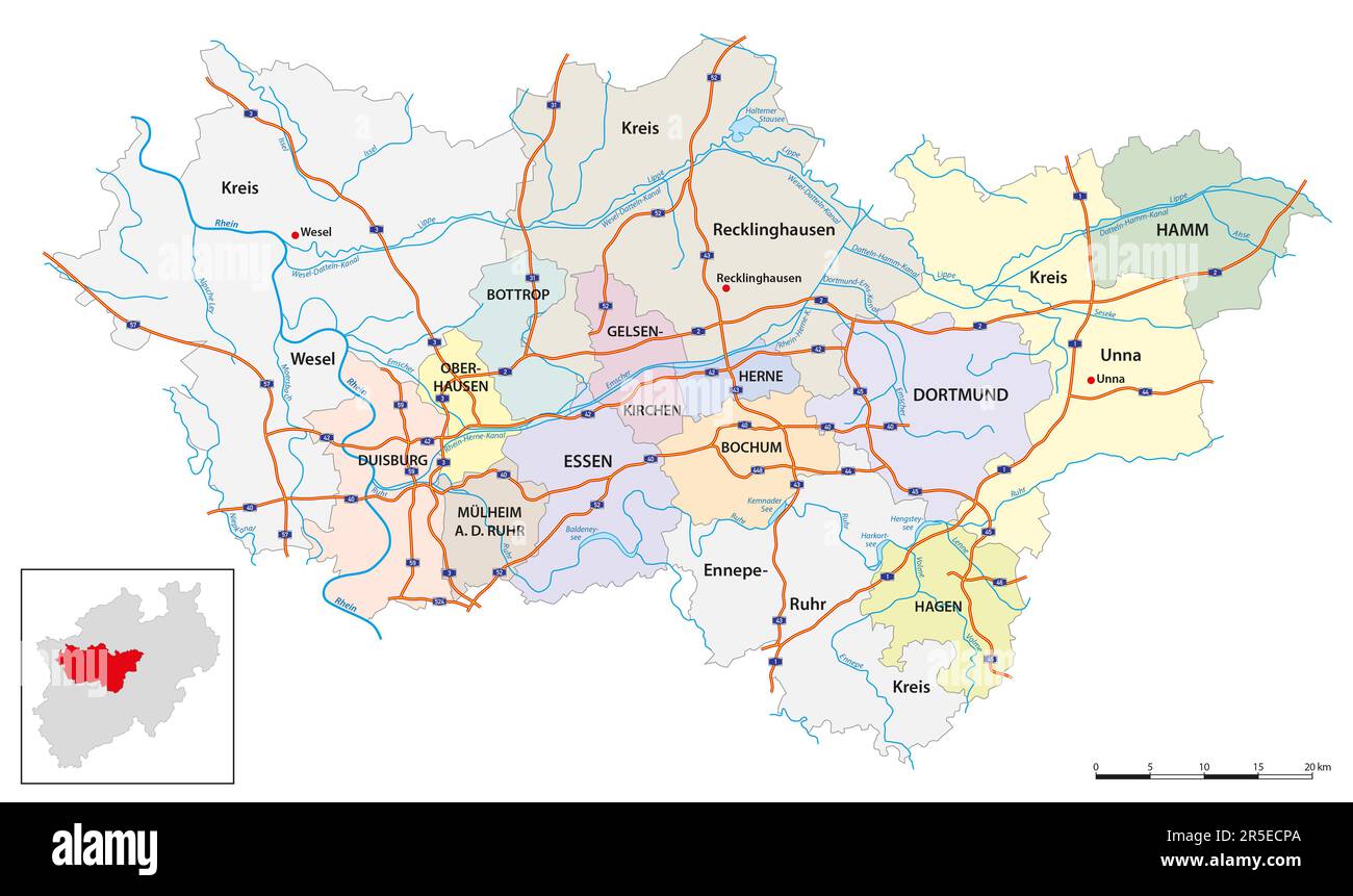 Mappa vettoriale della più grande regione metropolitana tedesca, l'area della Ruhr Foto Stock