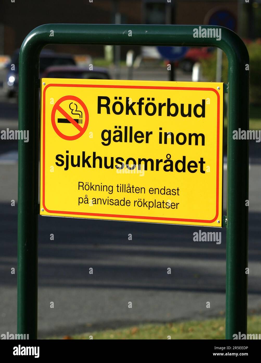 Cartello divieto di fumo nei giardini dell'ospedale, Motala, Svezia. Foto Stock