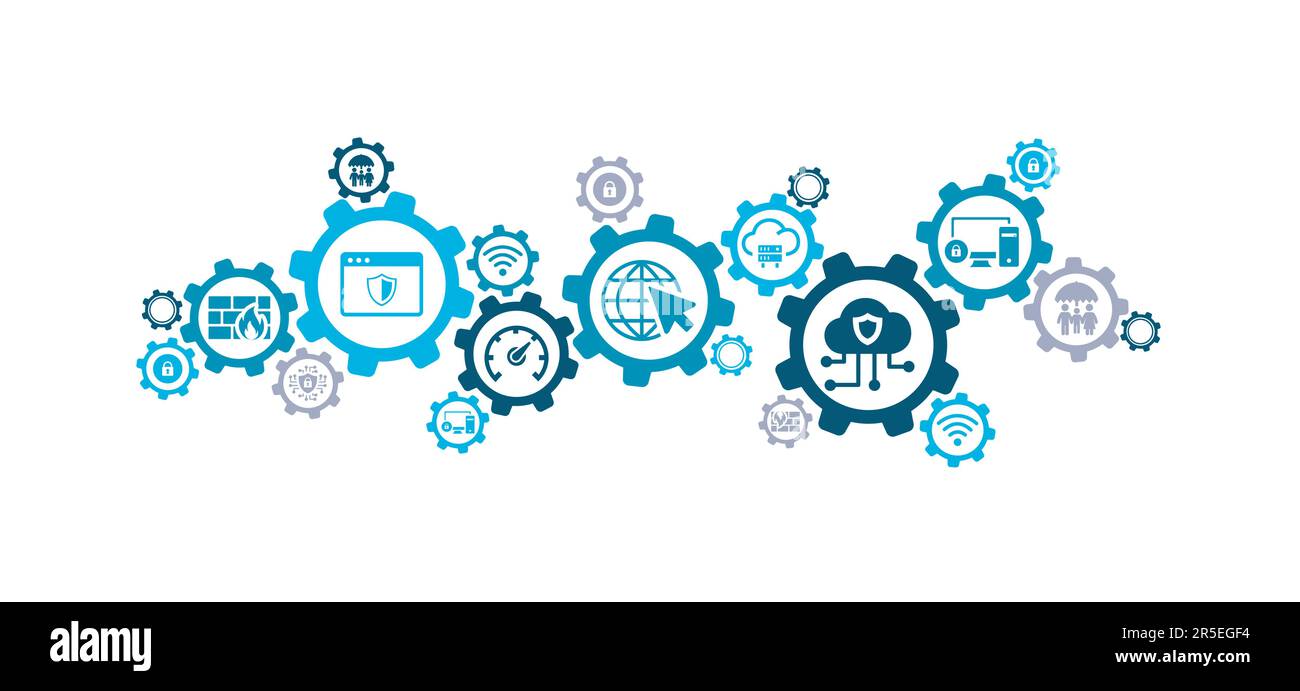illustrazione del vettore di rete protetto. Concetto con icone connesse e simboli relativi a VPN, privacy virtuale, sicurezza informatica, protezione del cloud computing Illustrazione Vettoriale