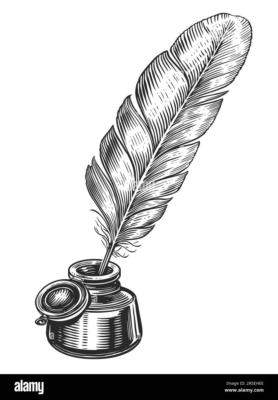 Penna di piuma in inkwell. Illustrazione di schizzo disegnata a mano in stile di incisione vintage Foto Stock