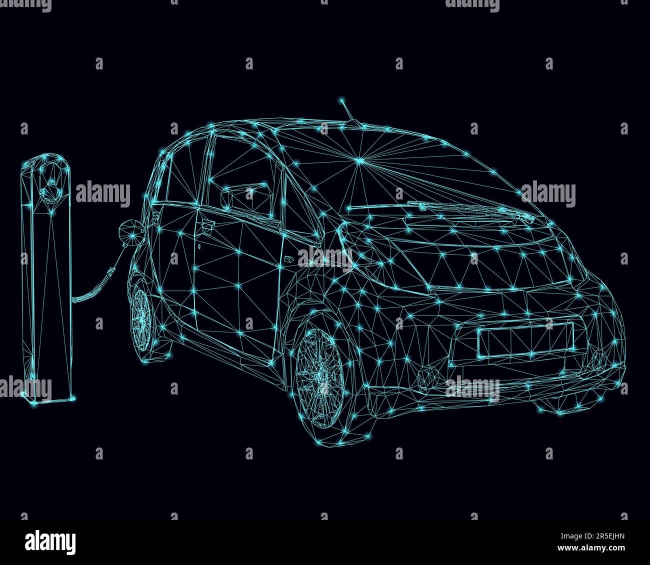 Ricarica della struttura a reticolo di auto elettrica fatta di linee blu con luci accese isolate su uno sfondo scuro. 3D. Illustrazione vettoriale. Illustrazione Vettoriale