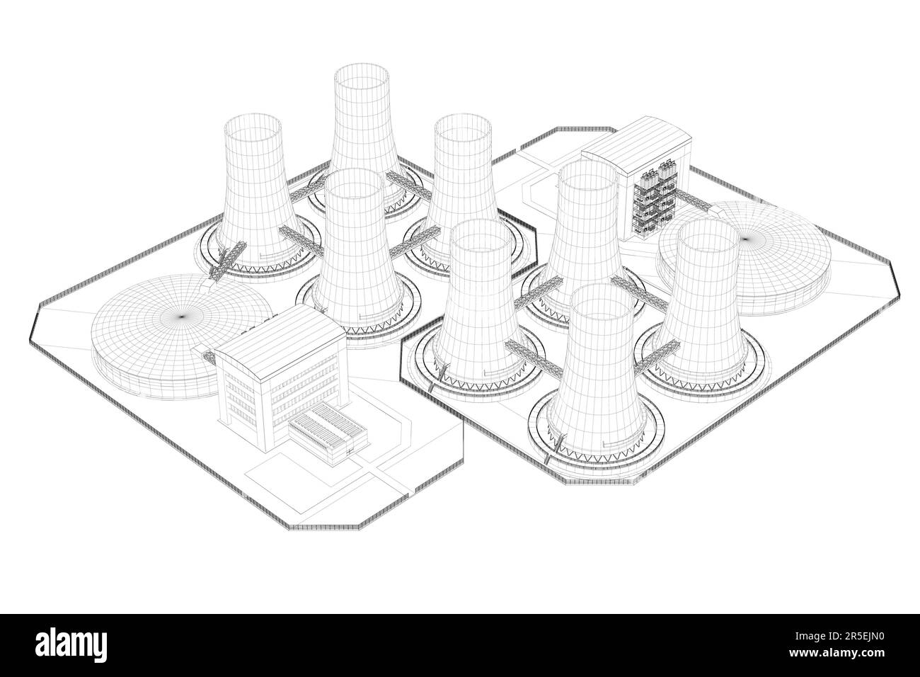 Struttura a reticolo della centrale nucleare da linee nere isolate su sfondo bianco. Vista isometrica. 3D. Illustrazione vettoriale. Illustrazione Vettoriale