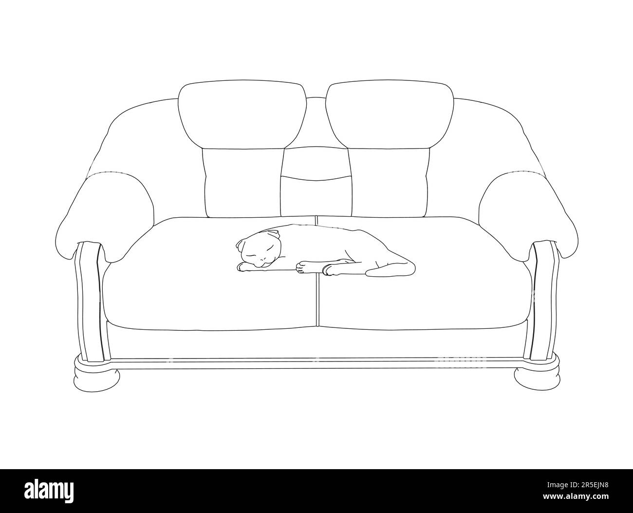 Contorno di un gatto addormentato su un divano da linee nere isolate su uno sfondo bianco. Vista frontale. Illustrazione vettoriale. Illustrazione Vettoriale