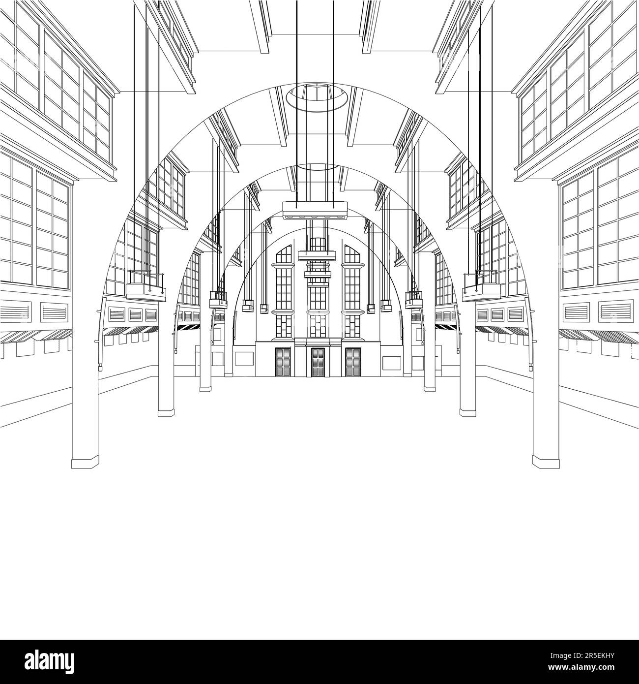 Il contorno dei locali di un grande edificio di lusso con elementi decorativi dalle linee nere isolate su uno sfondo bianco. 3D. Vettore illustrati Illustrazione Vettoriale