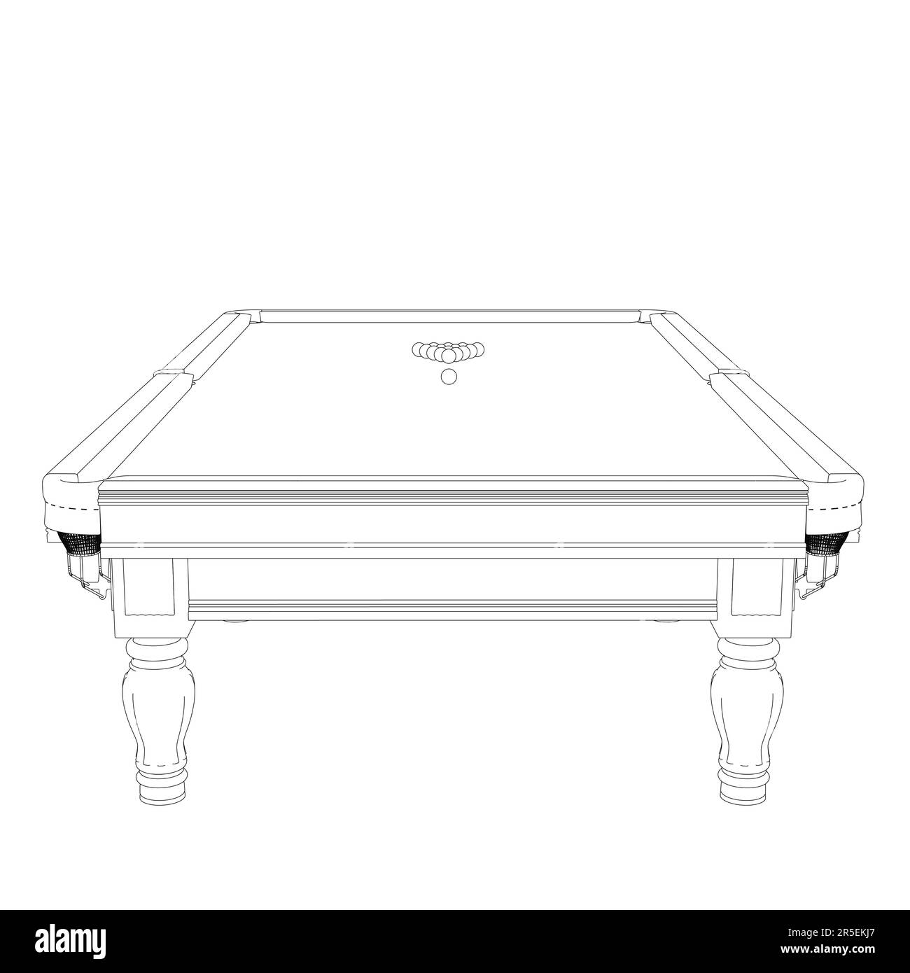 Profilo di tavolo da biliardo con palline da linee nere isolate su sfondo bianco. Vista frontale. 3D. Illustrazione vettoriale. Illustrazione Vettoriale