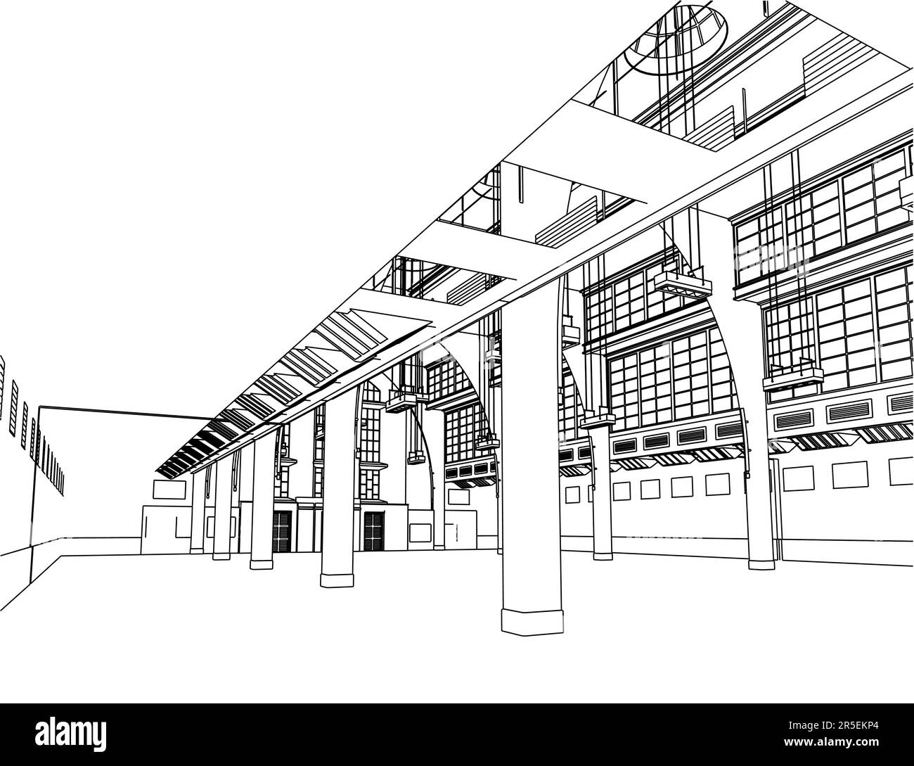 Il contorno dei locali di un grande edificio di lusso con elementi decorativi dalle linee nere isolate su uno sfondo bianco. 3D. Vettore illustrati Illustrazione Vettoriale