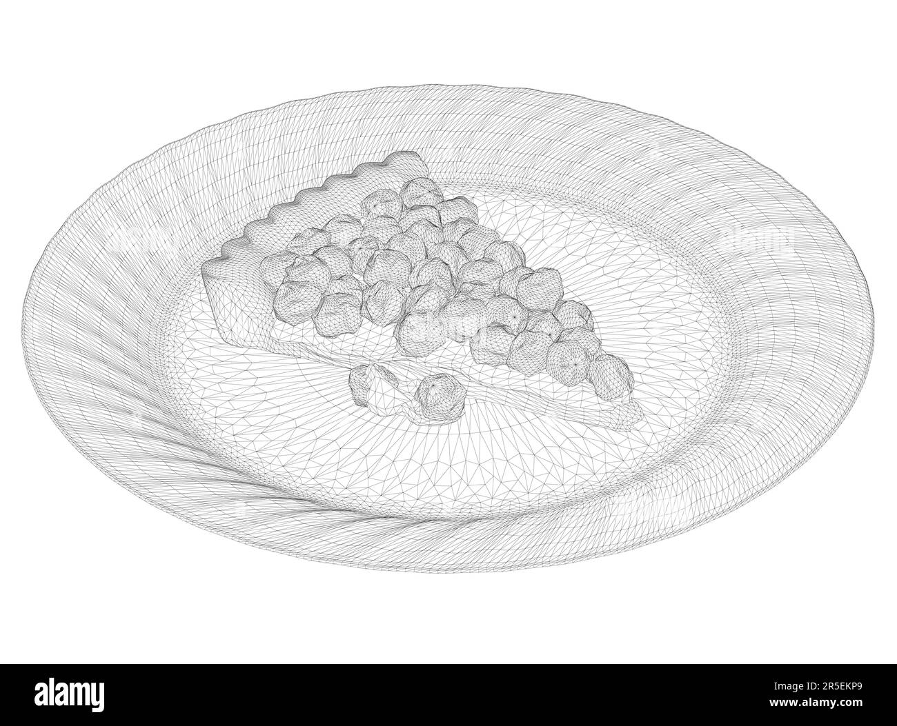 Struttura a reticolo di un pezzo di torta con bacche su un piatto di linee nere isolate su uno sfondo bianco. Vista isometrica. 3D. Illustrazione vettoriale. Illustrazione Vettoriale