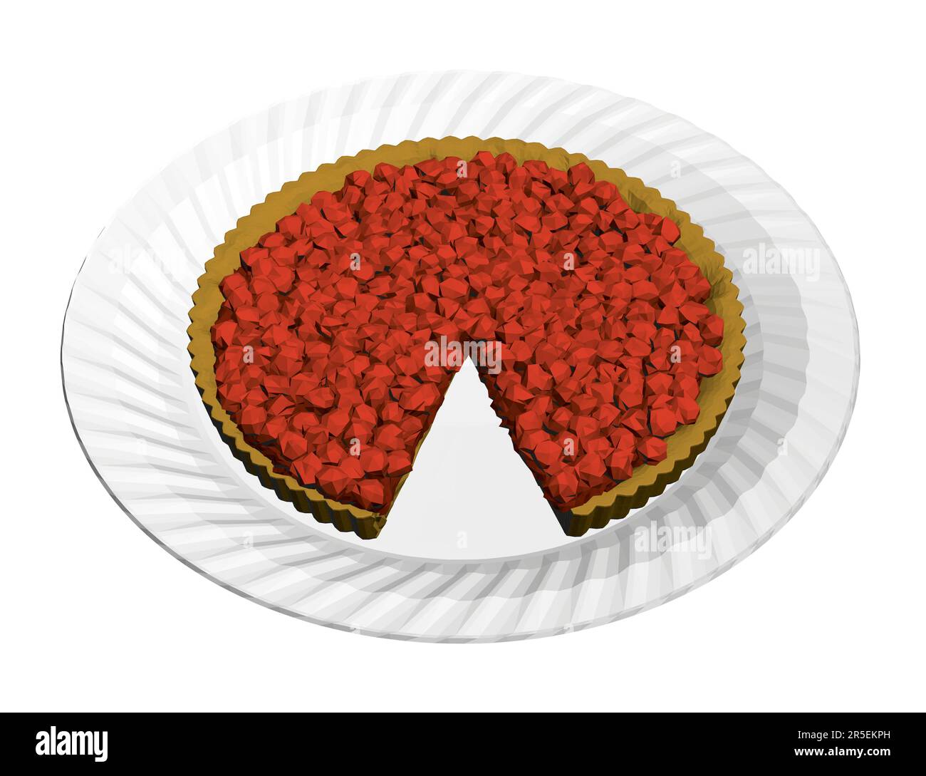 Modello poligonale di una torta con bacche con un pezzo tagliato su un piatto bianco isolato su uno sfondo bianco. Vista isometrica. 3D. Illustrazione vettoriale. Illustrazione Vettoriale