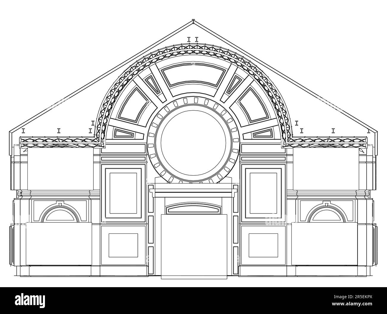 Il contorno della facciata della chiesa da linee nere isolate su uno sfondo bianco. Facciata decorativa dell'edificio. Vista frontale. Illustrazione del vettore Illustrazione Vettoriale