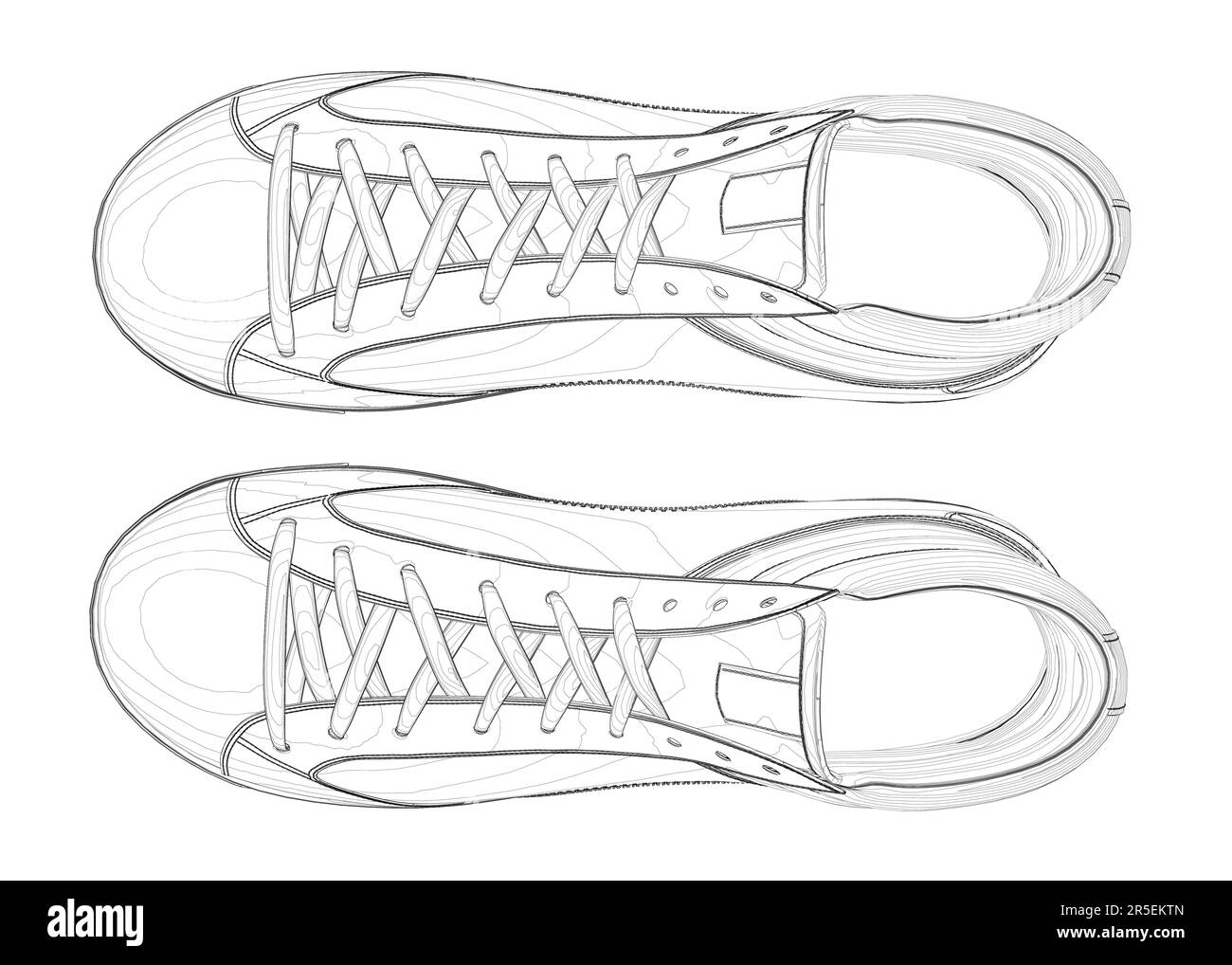 Il contorno delle sneaker sportive dalle linee nere isolate su sfondo bianco. Vista dall'alto. 3D. Illustrazione vettoriale. Illustrazione Vettoriale