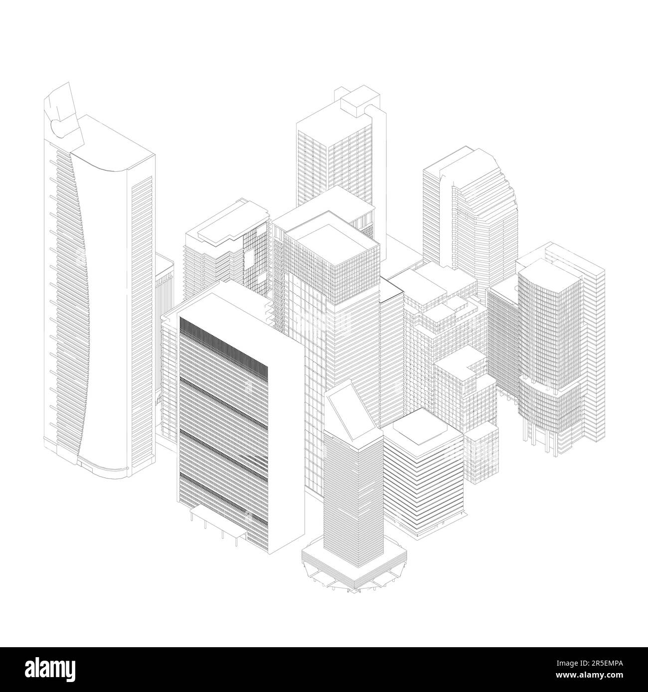 Il profilo di molti edifici a più piani dalle linee nere isolate su uno sfondo bianco. Profilo del quartiere della città. Vista isometrica. 3D. Vettore il Illustrazione Vettoriale